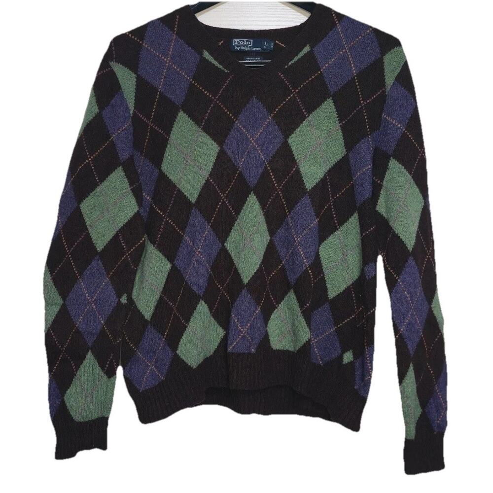 Polo‎ Ralph Lauren Sweater Adult Extra Large V Neck Argyle Cotton Cashmere VTG